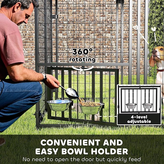 PawHut 4.6' x 4.6' x 5' Outdoor Dog Kennel, Welded Wire Heavy Duty Dog Run with 360° Rotating & 4 Level Adjustable Bowls, Dog Kennel Outside with Waterproof & UV Resistant Cover, for S&M Dogs