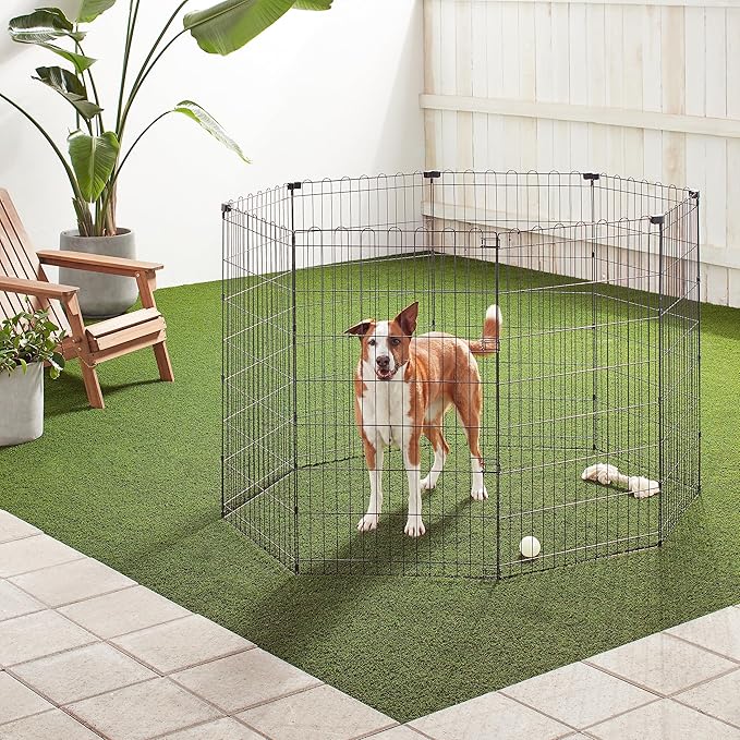 Amazon Basics Foldable Octagonal Metal Exercise Dog Playpen - Indoor/Outdoor, No Door, Large (8 Panels, 24 x 42), Easy to assemble, store, and customize, 42" - Large, Black