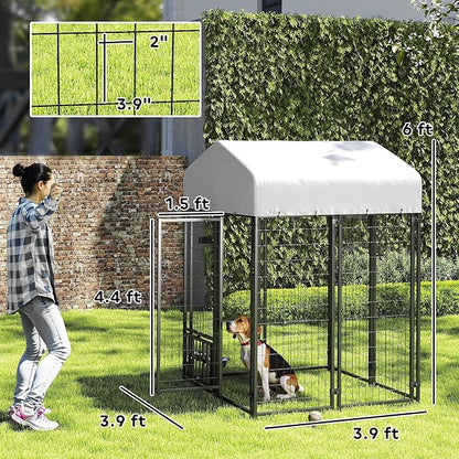 PawHut 3.9' x 3.9' x 6' Outdoor Dog Kennel, Welded Wire Heavy Duty Dog Run with 360° Rotating & 4 Level Adjustable Bowls, Dog Kennel Outside with Waterproof & UV Resistant Cover, for S&M Dogs