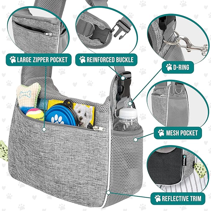PetAmi Small Dog Sling Carrier, Soft-Sided Crossbody Puppy Carrying Purse Bag, Adjustable Sling Pet Pouch to Wear Medium Dog Cat Travel, Dog Bag for Traveling, Breathable, Poop Bag Dispenser, Gray