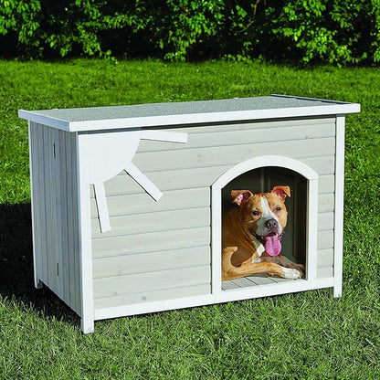 MidWest Homes for Pets Eilio Folding Outdoor Wood Dog House, No Tools Required for Assembly | Dog House Ideal for Medium Dog Breeds, Beige (12EWDH-M)