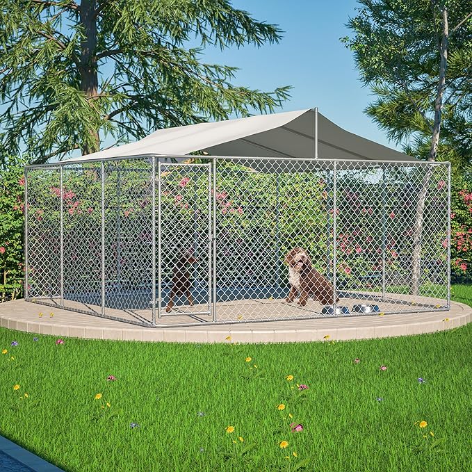 Large Outdoor Dog Kennel, Heavy Duty Galvanized Steel Dog Enclosure, Chicken Coop w/ Waterproof UV-Resistant Cover, Lockable Door Chain Link for Small & Large Pets, Backyard-157.2"L x 157.2"W x 91.2"H