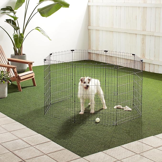 Amazon Basics Foldable Octagonal Metal Exercise Dog Playpen - Indoor/Outdoor, No Door, Medium (8 Panels, 24 x 36), Easy to assemble, store, and customize, 36" - Medium, Black