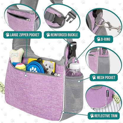 PetAmi Small Dog Sling Carrier, Soft-Sided Crossbody Puppy Carrying Purse Bag, Adjustable Sling Pet Pouch to Wear Medium Dog Cat Travel, Dog Bag for Traveling, Breathable, Poop Bag Dispenser, Purple