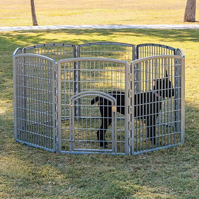 IRIS USA Dog Playpen, 8-Panel 34" Pet Playpen with Door, Puppy Playpen, Indoor/Outdoor Dog Pen, 63 x 63 x 34, Foldable, Customizable, Chrome