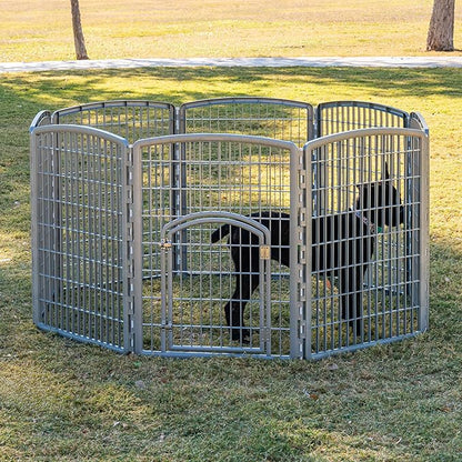 IRIS USA Dog Playpen, 8-Panel 34" Pet Playpen with Door, Puppy Playpen, Indoor/Outdoor Dog Pen, 63 x 63 x 34, Foldable, Customizable, Chrome