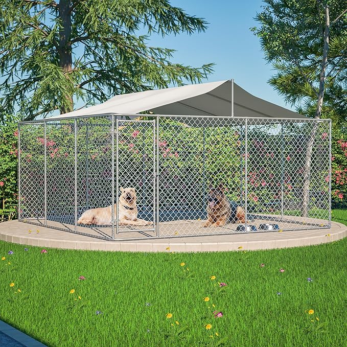 Outdoor Dog Enclosure Heavy Duty Dog Kennel House Mesh Outside Galvanized Chain Link Dog Run with Roof,Dog Cage Large Dogs Dog Pen Pet Kennel W/Waterproof Anti-UV Cover&Secure Lock for Large Dog