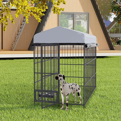 Ball & Cast 47" Outdoor Dog Kennel for 91+ lbs Dogs,Lockable Swivel Door with Bowl Rack & 2 Stainless Bowls,Waterproof Metal Roofed Pet Run Enclosure,Easy to Clean & Assemble,Black