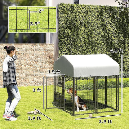 PawHut 3.9' x 3.9' x 4.5' Outdoor Dog Kennel, Welded Wire Heavy Duty Dog Run with 360° Rotating & 4 Level Adjustable Bowls, Dog Kennel Outside with Waterproof & UV Resistant Cover, for S&M Dogs