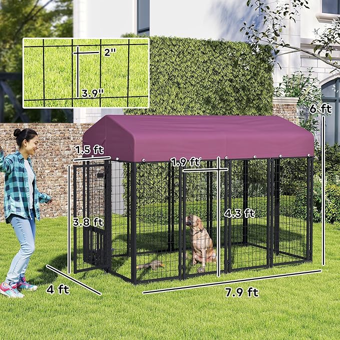 PawHut 7.9' x 4' x 6' Outdoor Dog Kennel, Welded Wire Heavy Duty Dog Run with 360° Rotating & 4 Level Adjustable Bowls, Dog Cage Outside with Waterproof & UV Resistant Cover, for S&M&L Dogs