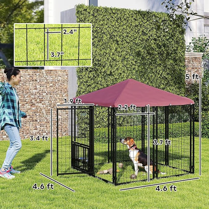 PawHut 4.6' x 4.6' x 5' Outdoor Dog Kennel, Welded Wire Heavy Duty Dog Run with 360° Rotating & 4 Level Adjustable Bowls, Dog Kennel Outside with Waterproof & UV Resistant Cover, for S&M Dogs