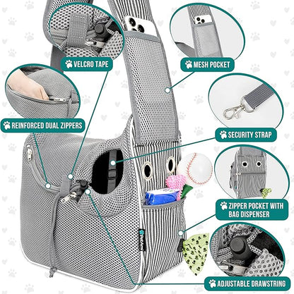 PetAmi Small Dog Sling Carrier, Soft-Sided Crossbody Puppy Carrying Purse Bag, Adjustable Sling Pet Pouch to Wear Medium Cat Travel, Dog Bag for Traveling Breathable, Poop Bag Dispenser, Stripe Black