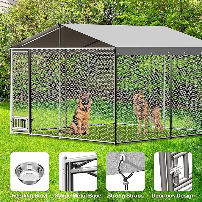 10x10x7 Ft Outdoor Dog Kennel, Heavy Duty Outside Dog Kennel with Waterproof and Anti-UV Roof Cover, Large Dog Enclosures with Feeder for Backyard