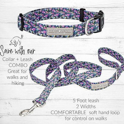 Lucky Love Dog, Comfortable, Soft, Cute Female Dog Collar for Medium Dogs, Black & Purple Floral Print, Adjustable Nylon Collar, Primrose, Medium